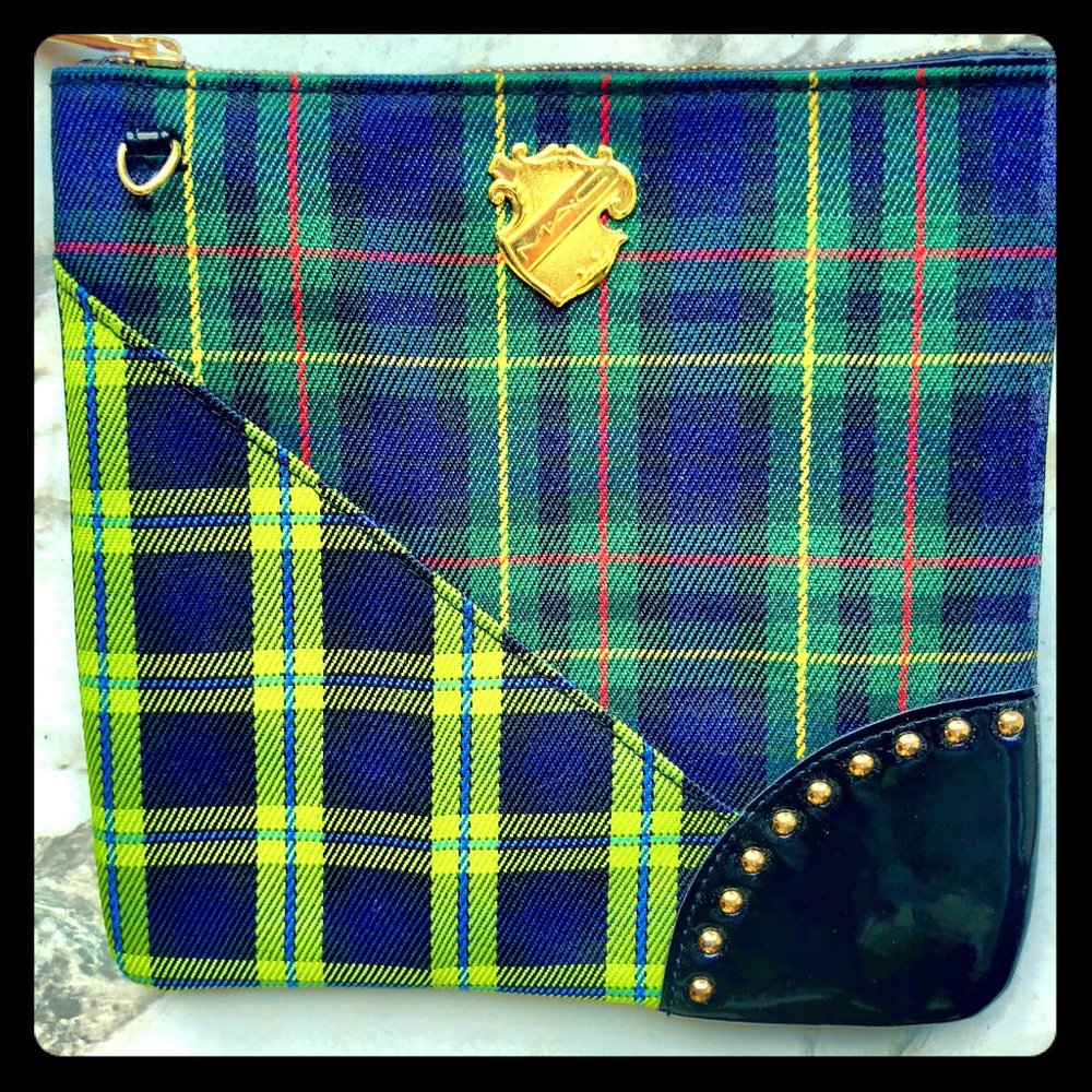 MAC green and blue plaid make-up clutch bag
